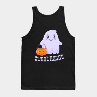 Sweet Haunt - Charming Ghost with Pumpkin Bucket Tank Top